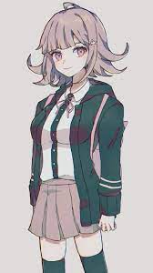 lun (dbvajzr), nanami chiaki, danganronpa (series), danganronpa 2: goodbye  despair, galaga, highres, 1girl, backpack, bag, breasts, brown skirt,  closed mouth, collared shirt, dress shirt, flipped hair, green jacket,  green thighhighs, grey background,
