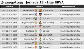 Partidos de hoy de fútbol. Partidos Jornada 18 Liga Espanola Bbva 2016