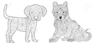 Mandalas de animais para colorir. Conjunto De 2 Caes Anti Stress Vector Livro De Colorir Para Adulto Filhote De Cachorro Do Ornamento Labrador Ronco Fundo Branco Com Elementos Do Emaranhado Da Garatuja E Do Zen Desenho Etnico A