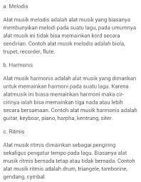 Alat musik melodi adalah alat musik yang biasanya membunyikan melodi dalam sebuah lagu, biasanya alat ini tidak dapat memainkan akor sendirian. Berdasarkan Fungsinya Alat Musik Di Bagi 3 Sebutkan Dan Berikan Contohnya Brainly Co Id