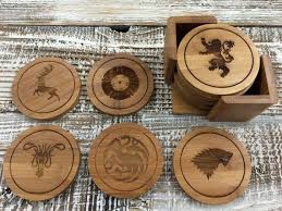 Game Of Thrones Coasters Custom Wood Coaster Set Round Wood Coaster Set Engraved Coasters Initial Co Game Of Thrones Gifts Engraved Coasters Handmade Games
