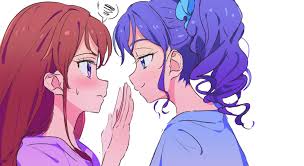 yamamura saki, kiriya aoi, shibuki ran, aikatsu!, aikatsu! (series),  commentary request, highres, 2girls, blue eyes, blue hair, blue scrunchie,  blue shirt, blush, closed mouth, eye contact, face-to-face, from side, hair  ornament, hair