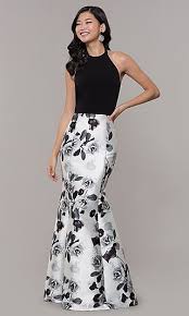 Black And White Long Formal Dresses Black And White High Neck Floral Print Prom Dress Floral Print Prom Dress Printed Prom Dresses Black And White Prom Dresses
