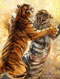 Painting Fighting Tigers Tijger Gevecht Tiger Artwork Big Cats Art Tiger Art