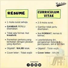 Perbezaan pertama antara cv dan resume adalah cv menggariskan kelayakan akademik, penyelidikan dan perincian lain yang relevan mengenai seseorang, untuk mewakilinya di hadapan majikan sedangkan resume adalah dokumen tepat, yang menggarisbawahi kelayakan seseorang untuk pekerjaan tertentu. Apa Unit Psikologi Kerjaya Kolej Vokasional Betong Facebook