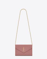 Saint Laurent Monogram Saint Laurent Chain Wallet In Old Rose Grain De Poudre Textured Matelasse Leather Ysl Com Ysl Wallet On Chain Wallet Chain Bags