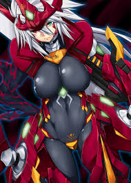 tanabe (studio tiamat), alpha-01, ragna the bloodedge, blazblue, silver  hair, gender request, highres, 1girl, bodysuit, breasts, covered navel,  crotch plate, forehead jewel, forehead protector, genderswap, green eyes,  heterochromia, large breasts ...