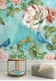 Wallpaper With Birds And Flowers For Walls 3d Floral Wall Wallpaper Birds And Big Flowers Blue Wall Etsy Wall Wallpaper Dinning Room Wallpaper Floral Wall
