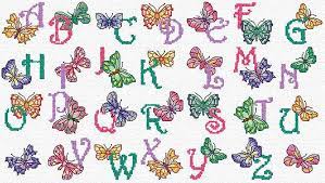 What's the best cross stitch pattern for valentines? Maria Diaz Designs Butterfly Alphabet Cross Stitch Chart Cross Stitch Fonts Cross Stitch Alphabet Cross Stitch