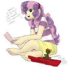 648588 - safe, artist:alloyrabbit, edit, character:button mash, character:sweetie  belle, species:human, 3ds, barefoot, clothing, color edit, colored, feet,  humanized, micro, nintendo, shrunk, size difference, skirt, soles, tiny  ponies, toes - Manebooru