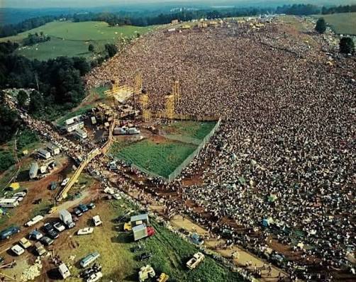 Aerial view of the Woodstock music festival in Bethel, NY, 1969.