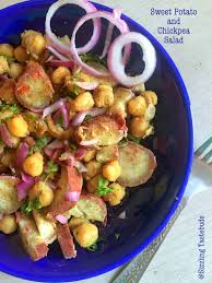 Just the right amount of sweetness and crunch to this recipe. Zero Oil Sweet Potato And Chickpea Salad Vegan And Gluten Free Easy Salad Recipes Diabetic Food Sizzling Tastebuds