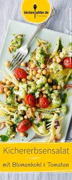 Veganer Warmer Kichererbsensalat Mit Blumenkohl Tomaten Gemuse Rezept Kichererbsensalat Salat Tomate Gemuse