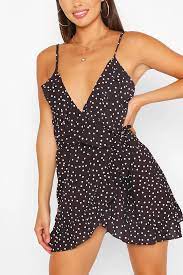 Petite Polka Dot Strappy Wrap Dress Boohoo