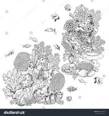 Hand Drawn Underwater Natural Elements Sketch Of Reef Corals And Swimming Fishes Monochrome Coral Colony On R Ocean Art Painting Drawing Rocks Flower Drawing