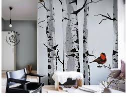 Hand Painted Grey Trees Wallpaper Wall Mural Bare Trees With Two Birds Trees Wall Mural High Quali Tree Wall Murals Wall Wallpaper Tree Wallpaper