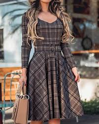 Plaid Print Long Sleeve Belted Pleated Dress Vestidos Estilosos Vestidos Diferentes Vestidos Casuais