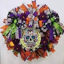 Made on an 14 inch metal wreath wire frame, using a variety of colored mesh. Amazon Com Day Of The Dead Wreath Dia De Muertos Decor Halloween Decoration Sugar Skull Wreath Fall Front Door Decor Handmade