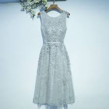 Preise vergleichen und bequem online kaufen! Elegant Wedding Party Dresses 2017 Silver Lace Zipper Up Sash Flower Tea Length Scoop Neck Ruffle A Line Princess Sleeveless Bridesmaid Dresses