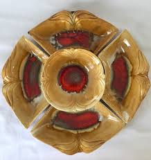 Vintage California Pottery Lazy Susan MCM Set B273 Brown Red Orange Yellow