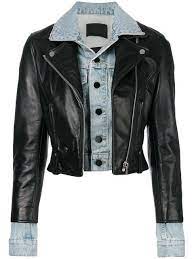 Alexander Wang Leather And Denim Hybrid Jacket Farfetch Leather Jackets Women Cropped Leather Jacket Denim Motorcycle Jacket