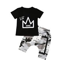 2pcs Toddler Baby Boys King Crown Pattern Short Sleeve T Shirt Tops Camouflage Short Pants Summer Outfit
