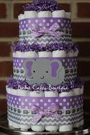 3 Tier Purple And Gray Elephant Diaper Cake Purple Gray Elephant Baby Shower Girl Baby Shower Purple Elephant Baby Shower Theme Baby Shower Cake Decorations