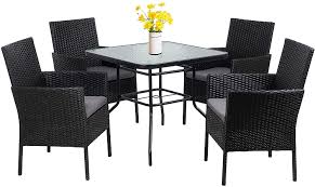 You might also like this photos. Amazon Com Walsunny 5 Piece Indoor Outdoor Wicker Dining Set Furniture Square Tempered Glass Top Table With Umbrella Hole 4 Chairs Black Grey Cushions Furniture Decor