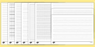 The template includes 6 lines for writing, with a dotted middle line and descender line to help students practice lower case and upper case letters. English Writing Lined Paper Template Pack Australia