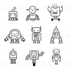 Black And White Cartoon Robot Head Cute Little Cartoon Robots Set Hand Drawn Doodle Style Line Art Robots Drawing Robot Cute Robot Illustration