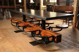 Eight Seat Communal Steel Top Dining Table With Cast Iron Attached Swing Seats In 2020 Dining Table Modern Dining Room Tables Dining Room Table