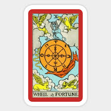 This symbolism is true for just about every deck, however the rider waite deck differs in it's inclusion of the yhvh symbols in hebrew, which is the unpronounceable name of god. The Wheel Of Fortune Tarot Cards Tarot Cards Sticker Teepublic