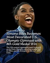 Simone Biles has become the most decorated American Olympic gymnast by  winning her eighth gold medal, the most in U.S. history, at age 27. This  victory also made her the oldest American
