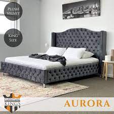 Aurora King Bed Frame Studded Fabric Grey Plush Velvet Upholstered Headboard Tufts