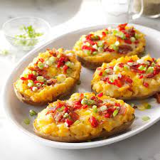 Fiesta Egg Potato Boats Recipe Baked Breakfast Recipes Potato Boats Potatoes