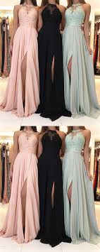 Charming Lace Halter Long Chiffon Split Evening Gowns 2018 Formal Prom Dresses Vestidos De Dama Vestido De Baile Vestidos De Baile Largos