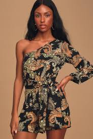 Black Romper Paisley Print Romper One Shoulder Romper Lulus
