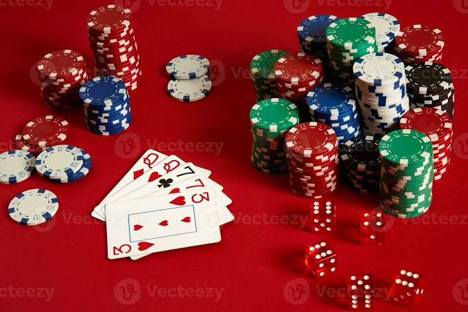 Casino gambling poker equipment and entertainment concept - close up of  playing cards and chips at red background. Two pairs 34234974 Stock Photo  at Vecteezy