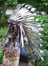 Indian Chief Headdress Made From Silverware Metal Yard Art Cutlery Art Metal Garden Art