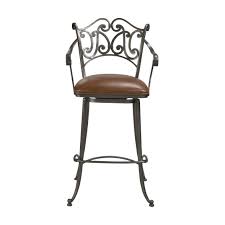Forged iron frame with antiqued finish upholstered swivel seat in brown leather only swivel seat returns to forward position arm height: Gaston Iron Barstool Ethan Allen Us Bar Stools Dining Room Bar Furniture