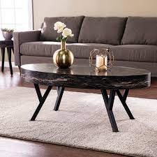 Ballia brass/dark tobacco/white faux travertine medium round stone coffee table with shelf Strick Bolton Tabard Contemporary Black Faux Stone Cocktail Table Overstock 31760624