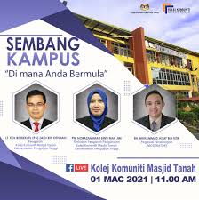 Nak kata terpinggir tak pun just tepi2 pekan dengan kawasan perumahan je. Kolej Komuniti Masjid Tanah Jangan Lupa Saksikan Rancangan Sembang Kampus Di Mana Anda Bermula Secara Langsung Di Facebook Kkmt Pelbagai Topik Perbincangan Menarik Bakal Dikupas Di Dalam Rancangan Ini Tarikh 01 03 2021