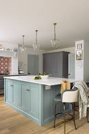 Blue Kitchen Island In Gray And White Kitchen Farmhouse Kitchen Bespoke Countrykitchen Gray Blue Kitchen Island Light Blue Kitchens Blue Kitchen Cabinets