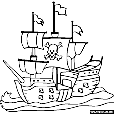 Each of the pages, showcase an illustration related to pirates, such as a hook, parrot and a treasure chest. Pirate Ship Online Coloring Page