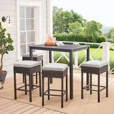 3pcs round dining modern glass top table with 2 chairs set furniture dining set. Mainstays Ayden Park 5 Piece Outdoor Patio High Dining Set Brown Wicker Tan Cushions And Black Table Walmart Com In 2021 Patio Bar Table Outdoor Bar Sets Outdoor Pub Table
