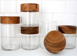 White canisters with wooden lid. Wood Glass Canisters Wood Glass Glass Canisters Wooden Glass