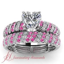 Rope Design Heart Diamond Wedding Set With Pink Sapphire In 14k White Gold White Gold Wedding Ring Set Heart Shaped Diamond Engagement Ring Diamond Wedding Sets