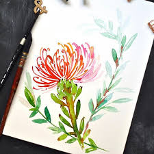 Day 15 Pincushion Protea Oh I Loved Painting These The Strokes Were So Much Fun And So Easy And I Also Added A Bi Flower Artwork Love Painting Diy Watercolor