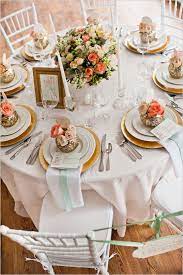 Romantic Mint Peach And Gold Wedding Ideas Gold Wedding Colors Peach Wedding Wedding Table Settings