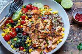 Recently, i've been obsessed with making a greek quinoa salad. Healthy Grilled Salmon Bowl With Vegetables And Quinoa Blondelish Com